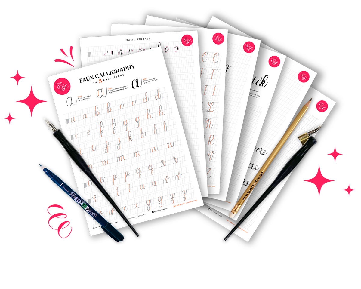 A digital image of a bunch of calligraphy practice worksheets with brush pen, calligraphy dip pens and a pencil.