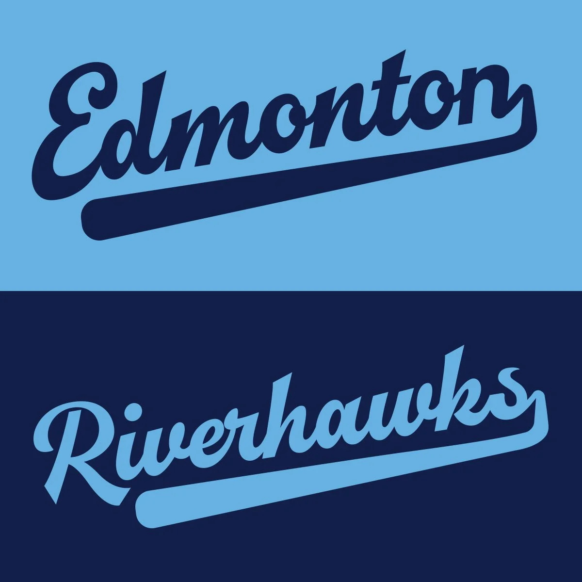 Edmonton Riverhawks script style home and away jersey logo design by Edmonton graphic designer Nigel Hood