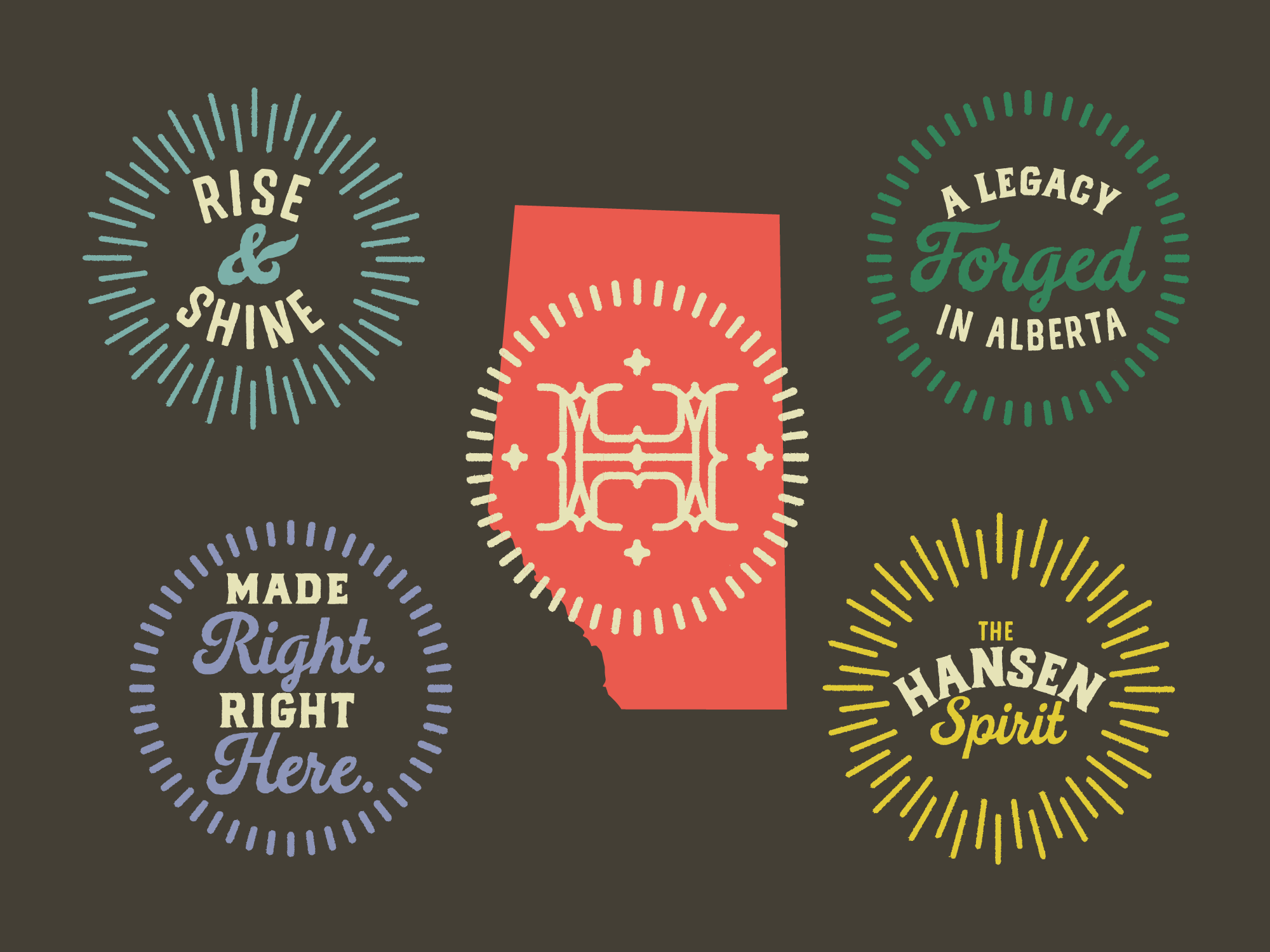 Various graphic slogans for Hansen Distillery by Edmonton graphic designer Nigel Hood
