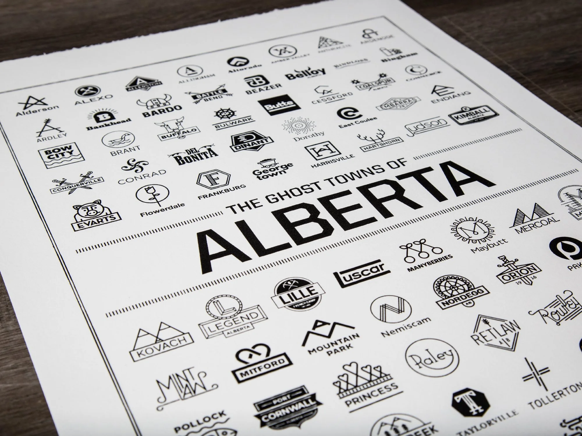 Detail of context-driven community logo design and identity study for abandoned prairie towns in Alberta by Edmonton graphic designer Nigel Hood