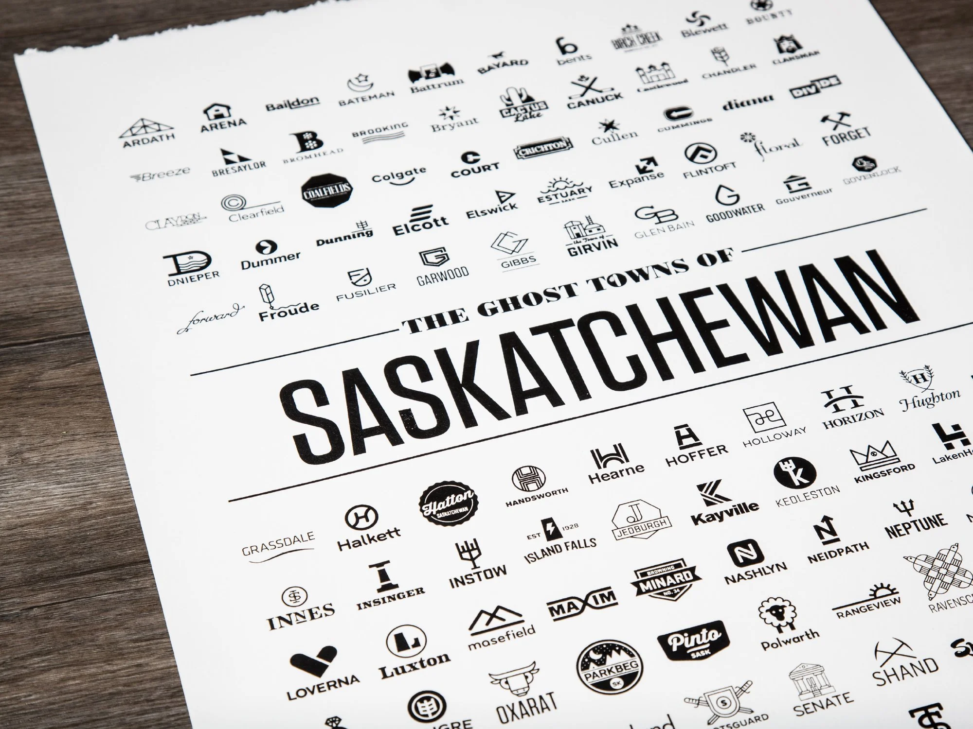 Detail of context-driven community logo design and identity study for abandoned prairie towns in Saskatchewan by Edmonton graphic designer Nigel Hood