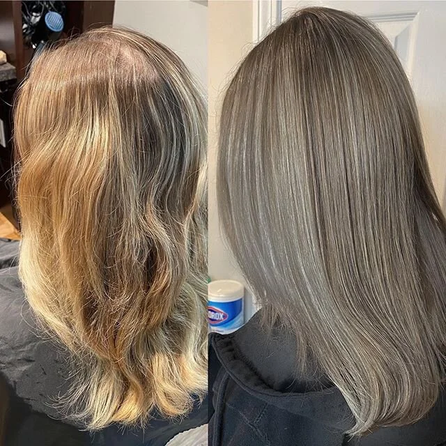 Lots of blonde tone-downs these days! I think this quarantine has a lot of people feeling their natural selves, and I&rsquo;m totally here for it. This mama-to-be needed a low maintenance grow out so we blended out the lines and brought her to a more