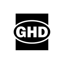 GHD logo with white text inside an oval, black background