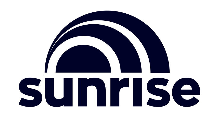 A stylized logo with a rainbow and the word 'sunrise' beneath it, in dark blue.