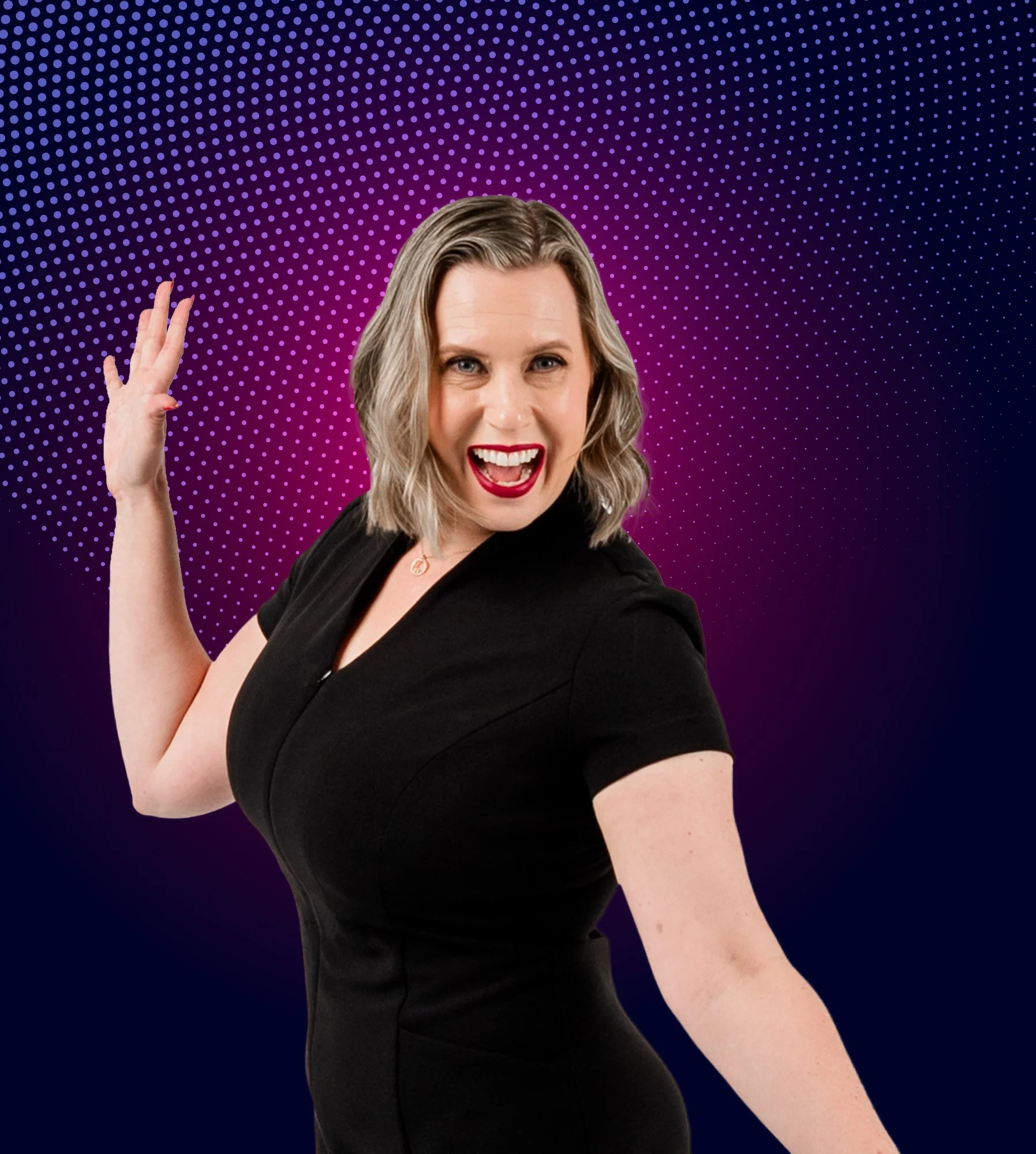 Sally Prosser in a black dress smiling and posing with her hand in the air against a vibrant purple and blue dotted background.
