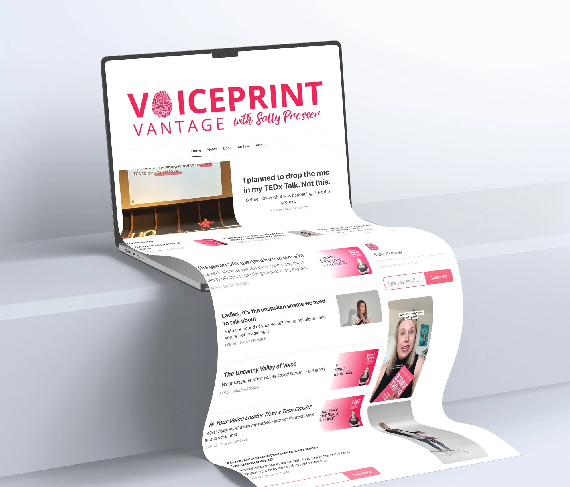 Sally Prosser Newsletter graphic with a computer screen displaying the website 'VoicePrint Vantage with Sally Prosser,' with a scrolling page of podcast episodes.