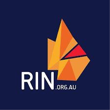 Logo featuring a stylized, geometric kangaroo with orange and red shades, and the text 'RIN.org.au' in white on a dark blue background.