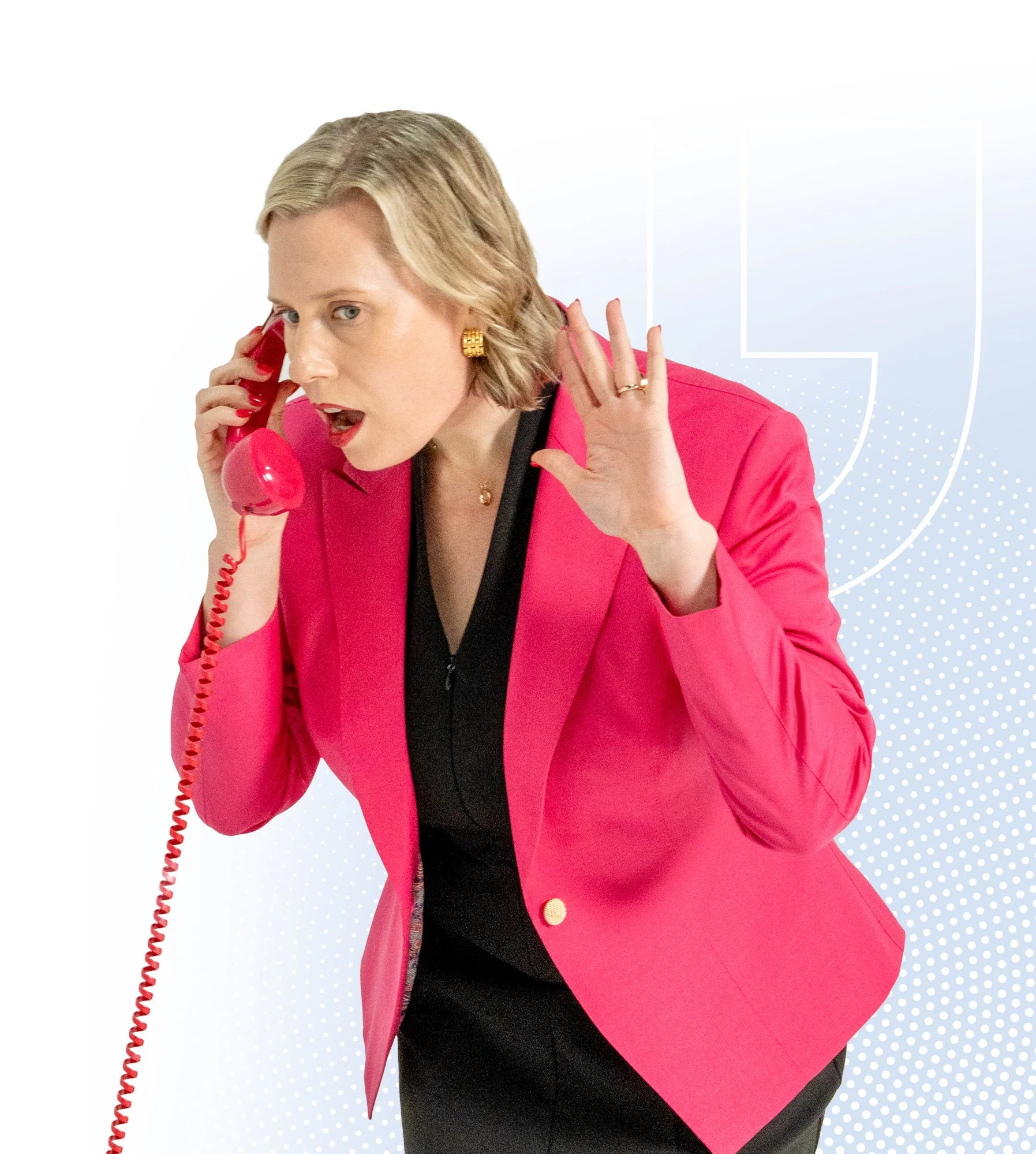 Sally Prosser in pink blazer talking on old-fashioned red rotary phone, holding her hand to her ear and listening
