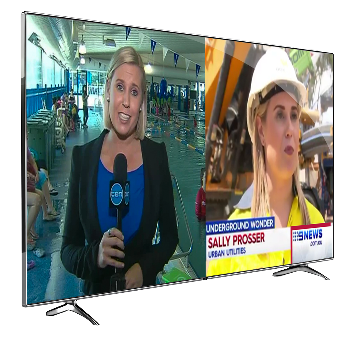 Sally Prosser on Television displaying two news reports side by side. Anchor woman holding a microphone, and the other about urban utilities wearing a helmet and yellow safety vest.