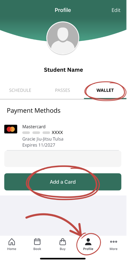 3. Click "Profile", "Wallet", then "Add a Card".