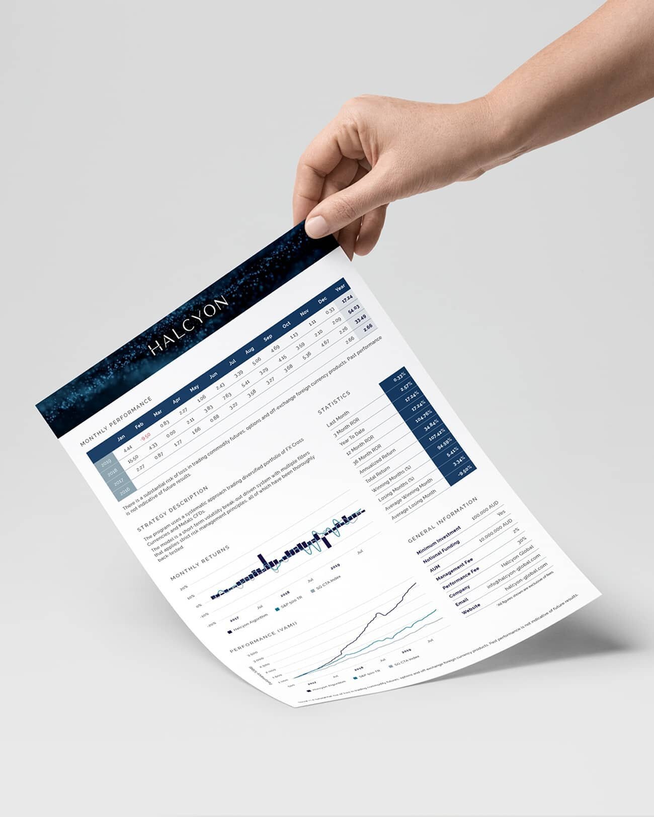 Monthly Performance Results Sheet for Halcyon Global designed by us @georgiaraycreative
