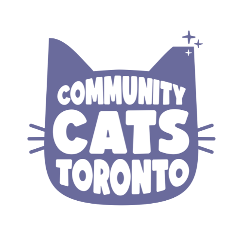  This is a purple logo showing the outline of a cat’s head with an eartipped right ear. The text Community Cats Toronto appears inside the cat shape. 