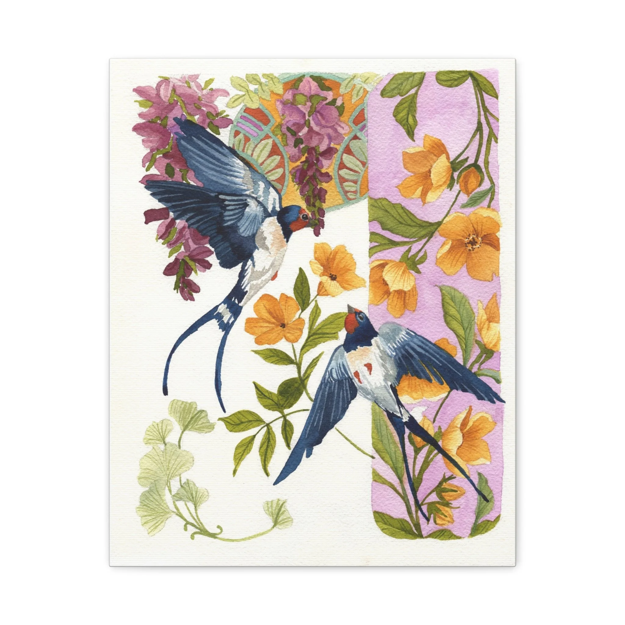 Swallows & Wildflowers Matte Stretched Canvas Wall Art