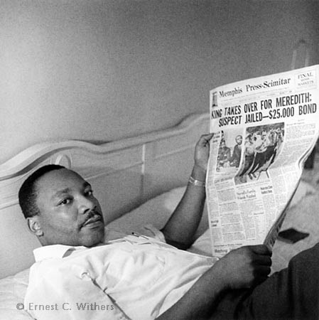  Ernest Withers  Martin Luther King Reading about James Meredith’s integration ins Ole Miss, at Loraine Motel in Memphis  Gelatin silver, 11 x 14”, 16 x 20”, 20 x 24”  Signed 