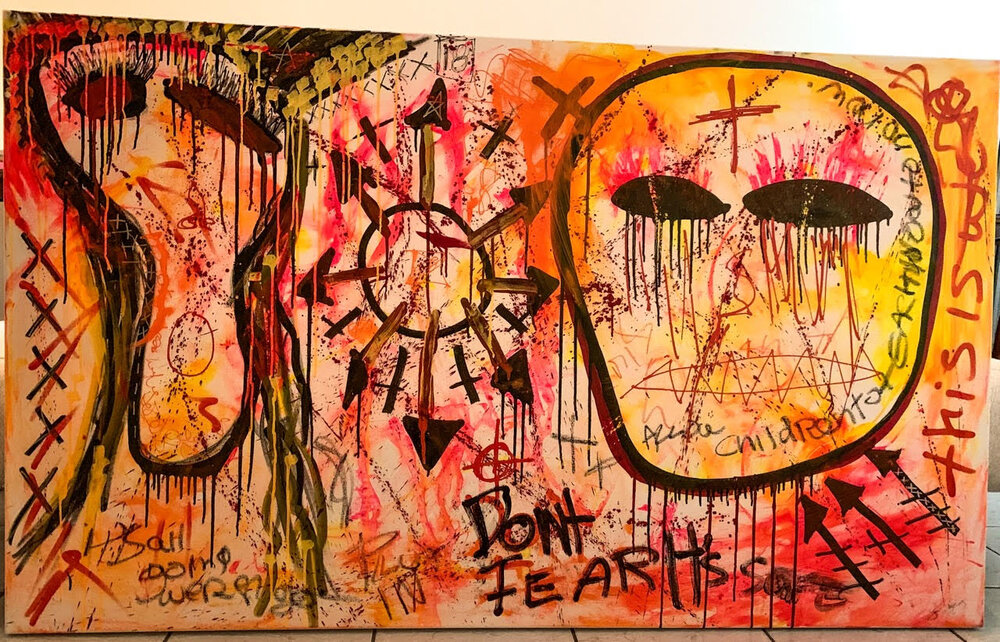  Yul Vazquez  Don’t Fear (Side One)  Mixed media on canvas, 60 x 36”  Signed 