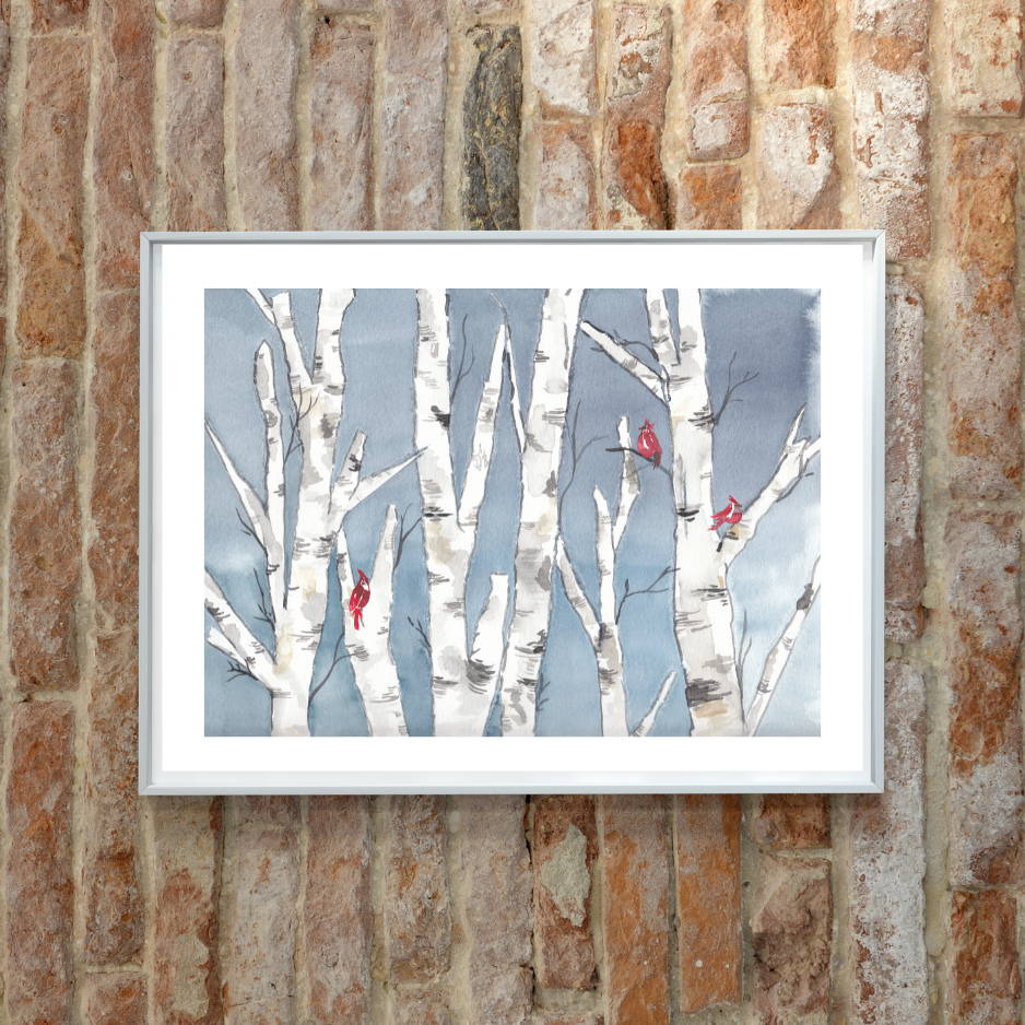 Painting Birches and Cardinals-Christmas in July