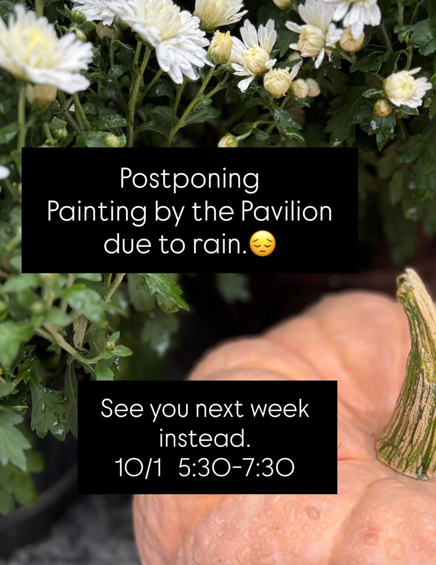 Sorry guys, Mother Nature overruled us this week. We are postponing Painting by the Pavilion from tonight to next Wednesday 10/1 5:30-7:30pm. No sign up needed. Free and fun for all ages.