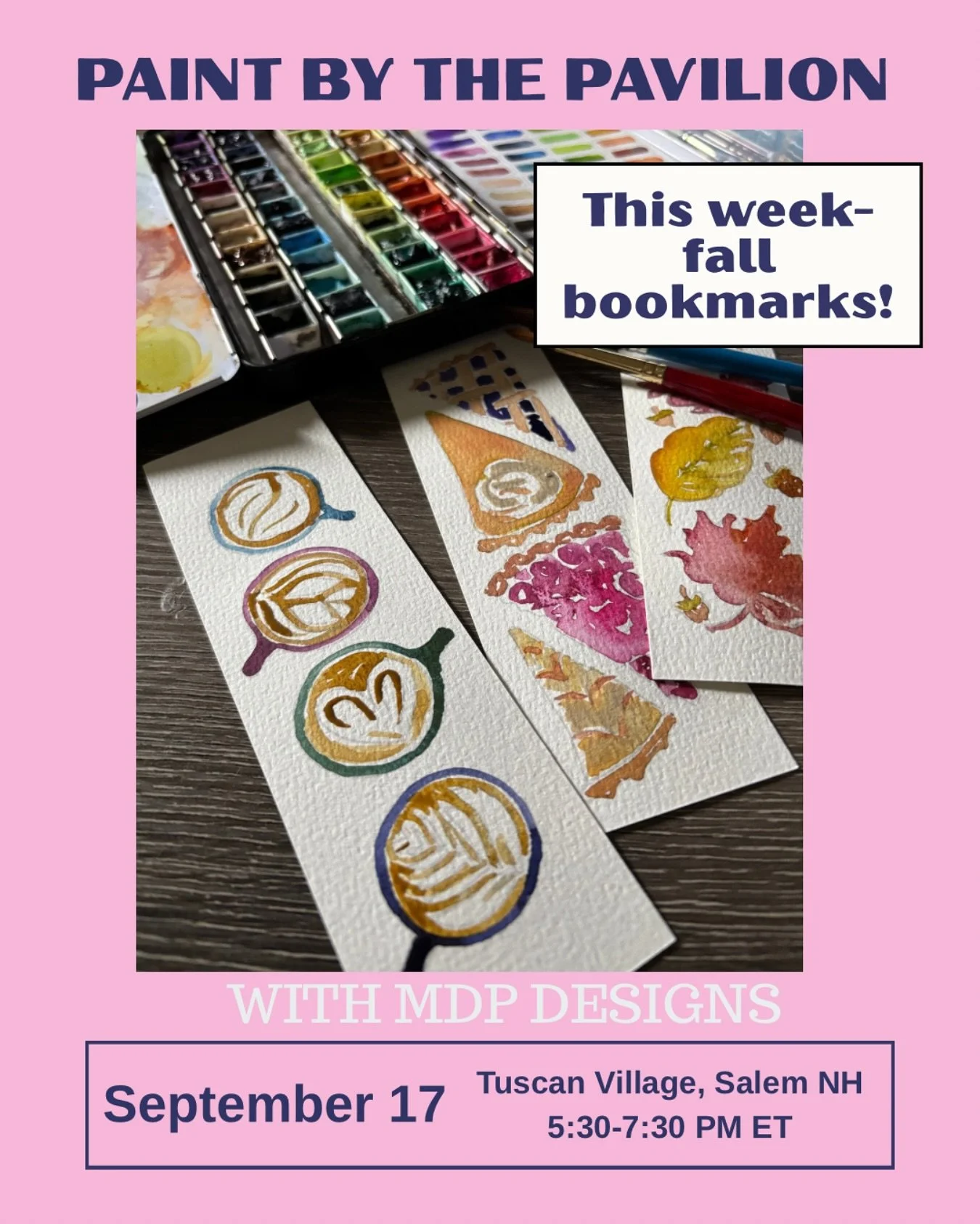 Join us for bookmarks!
Paint your own this Wednesday 9/17 from 5:30-7:30pm (while supplies last) @tuscanvillagenh No signup needed. Fun, free and for all ages!
We will be painting pies, leaves, lattes, pumpkins and more!  Come paint some bookmarks yo
