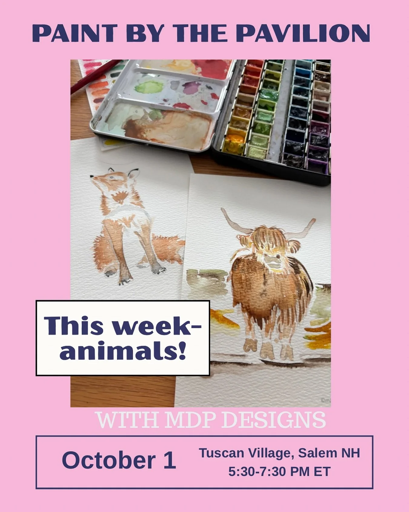 🎨😎🧺All good things must end, but not until we paint this Wednesday! 
The weather looks cooperative, so join us to Paint by the Pavilion @tuscanvillagenh for the last session for the season! We will be painting animals -and they are adorable!

🫟🖌