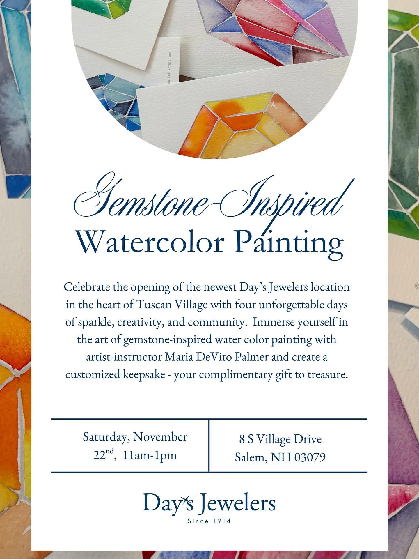 I am so excited that @daysjewelers is joining @tuscanvillagenh! 🥰 This Saturday, I&rsquo;ll be hosting a complimentary watercolor painting session at their new location to celebrate the grand opening - stop by for gemstone-inspired painting and to s