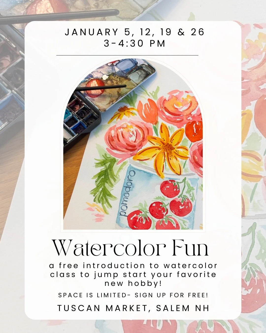 Kick off 2026 with a new hobby! I am hosting FREE introduction to Watercolor Classes @tuscanvillagenh every Monday in January! This class will include instruction to jumpstart your journey into watercolor and hone your skills for a year of creativity