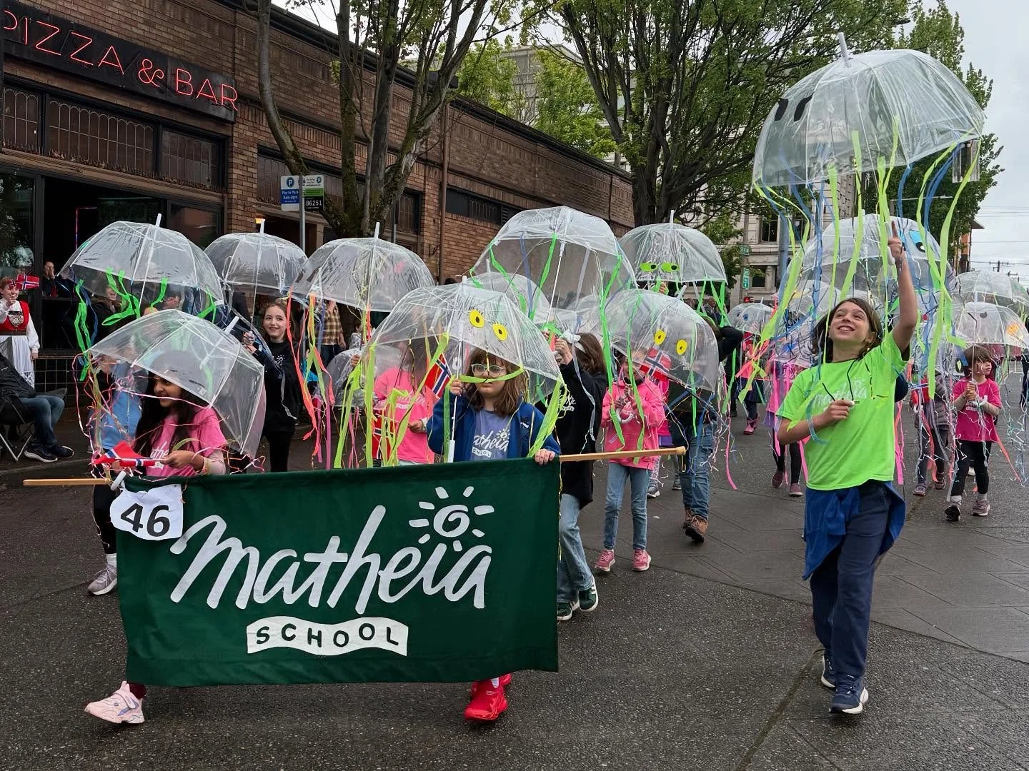 Syttende mai (May 17th) parade in Ballard.  Our jellyfish costumes were very helpful in the rain. #setendemai #may17 #parade #ballardparade #matheiaschool #jellyfish