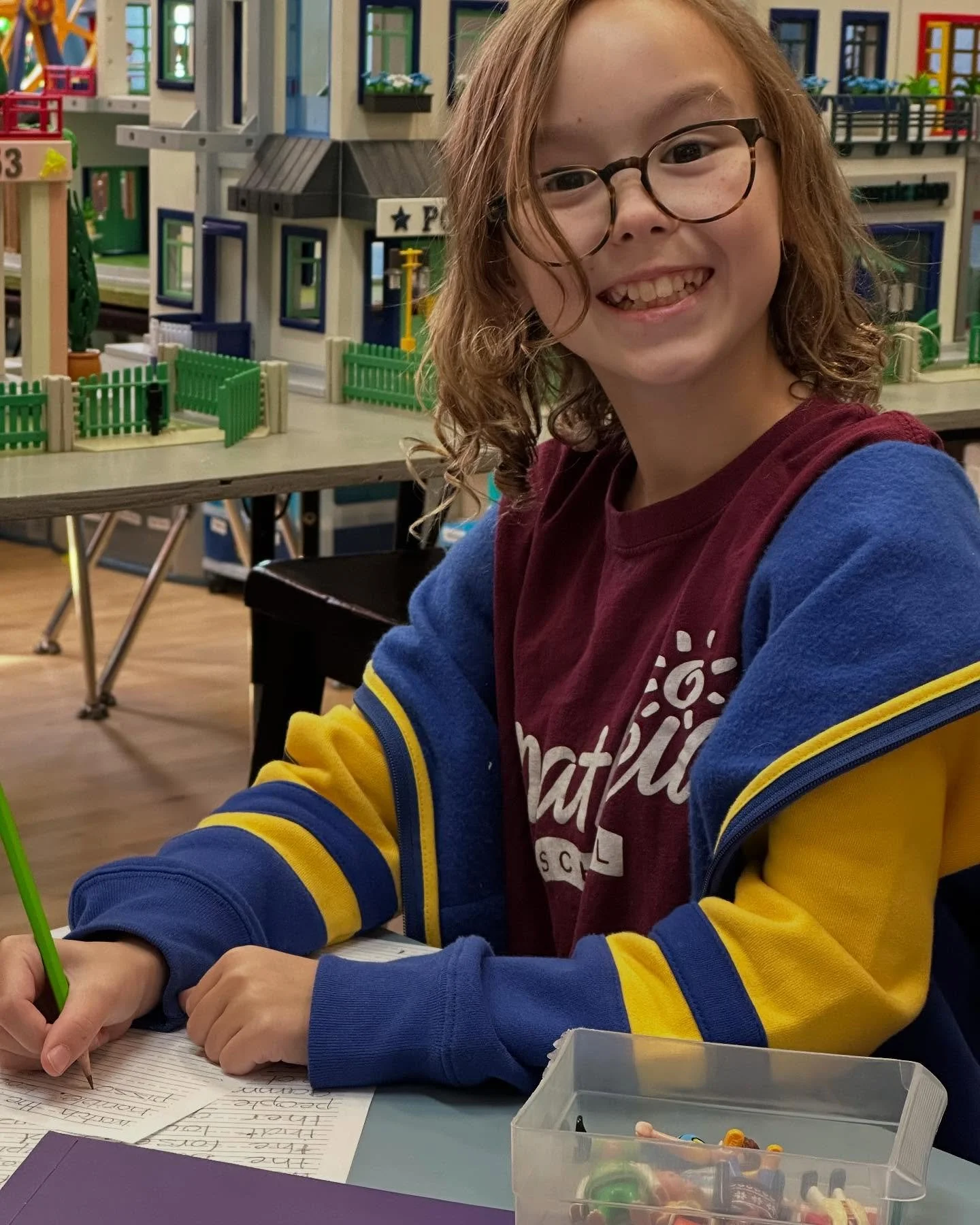 It&rsquo;s fun to work in Playmobil Land! Second and third graders are working on the rough draft of their Playmobil story. #matheiaschool #playmobil #playmobilstories #studentauthors #creativewriting