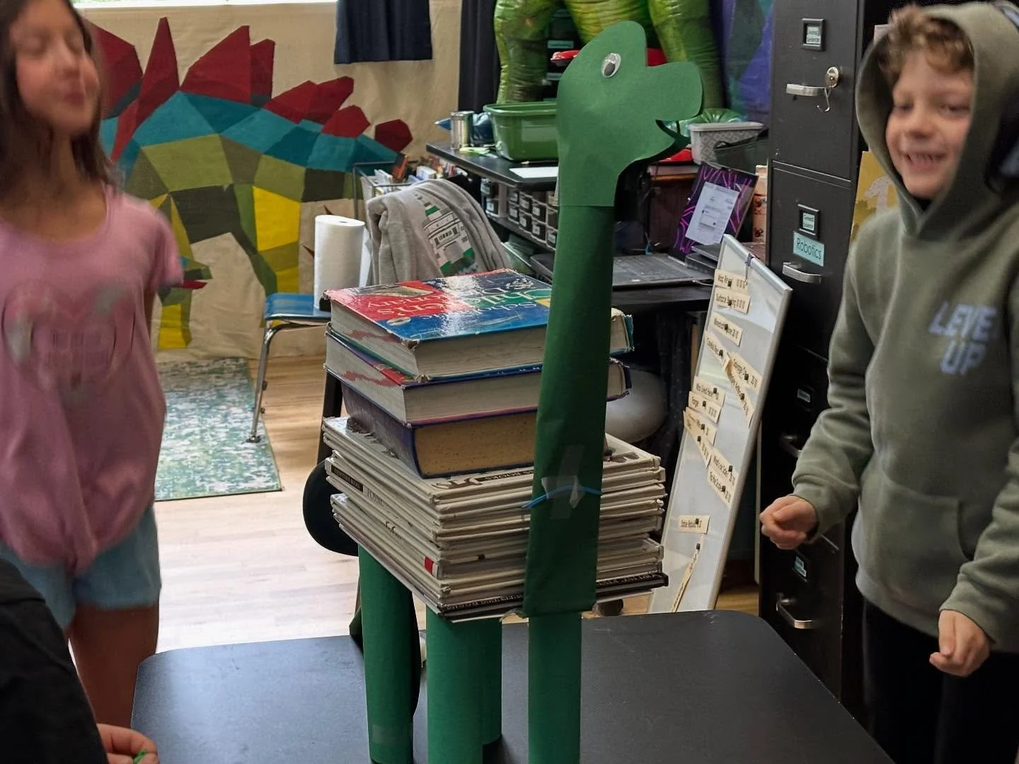 Second and third grade students worked together in teams to build a Bookasaurus. #matheiaschool #scienceeveryday #smallprivateschool #ballard #seattle #2ndgrade #3rdgrade