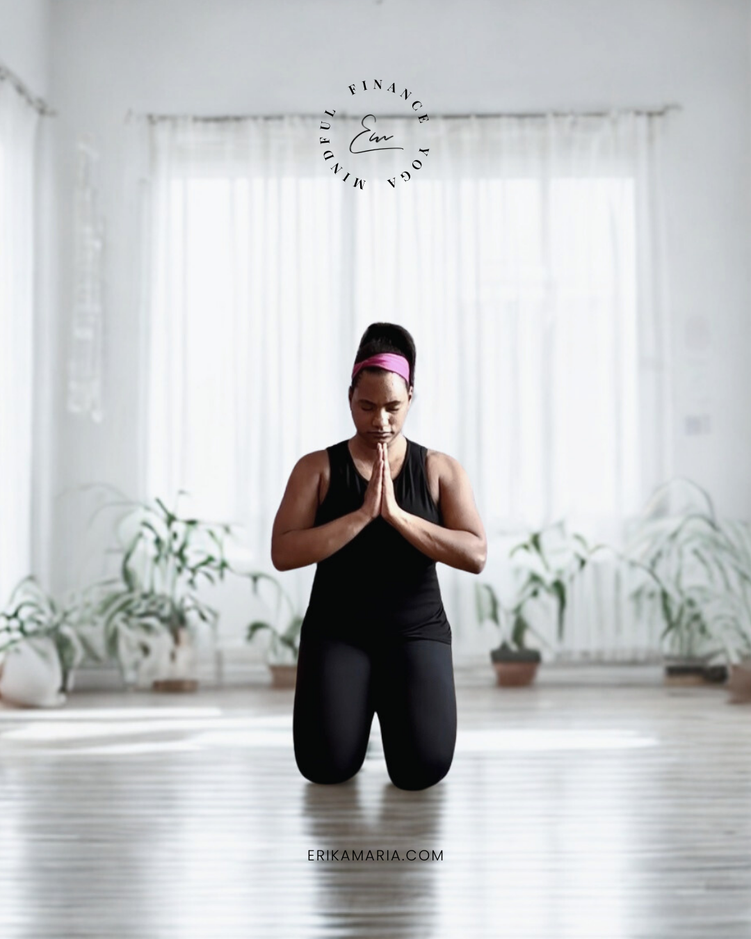 Yoga instructor in grounding pose symbolizing calm, stability, and mindful relationship with money