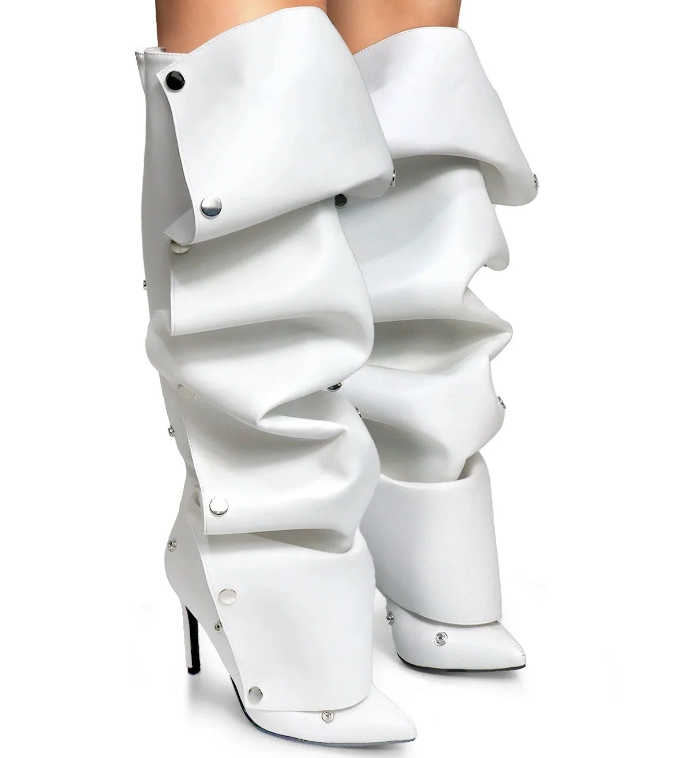 White Knee-High Snap-On Boots (3-inch heel)