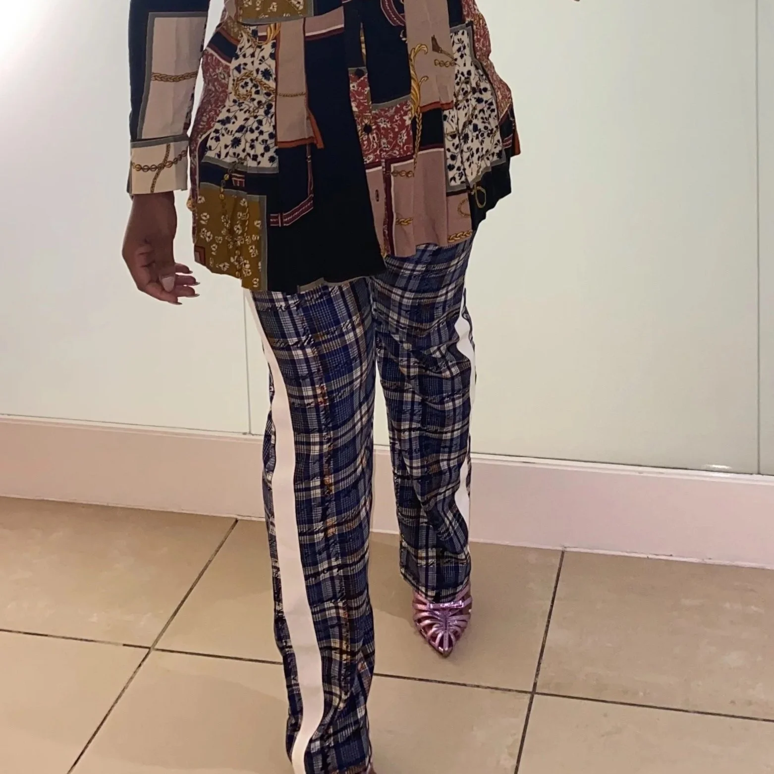 Burberry Men’s Silk Graffiti Check Pants White Blue Orange