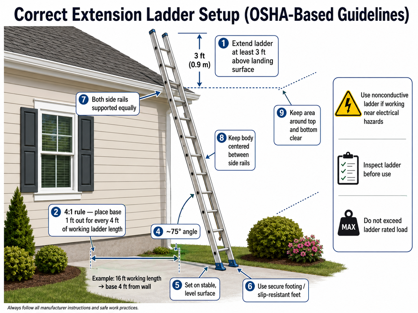 Correct Extension Ladder Setup (OSHA-Based Guidelines)