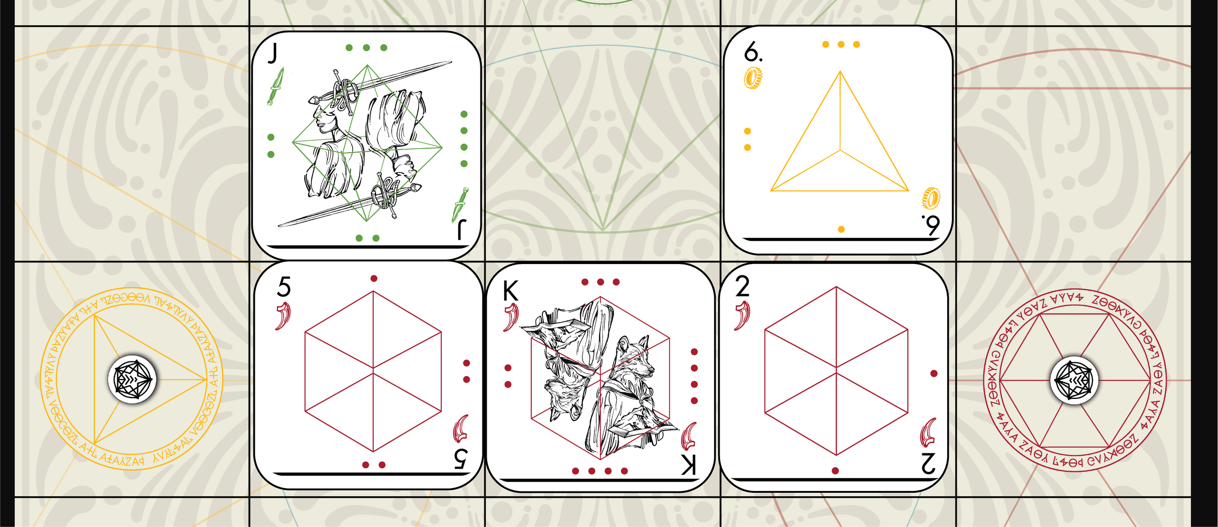 Here, the South player has re-summoned their selected cards in a valid chain; the 6 of Gears and the Jack of Blades would not have been able to use the King of Claws as a summoning base due to their lower face value and different suits.