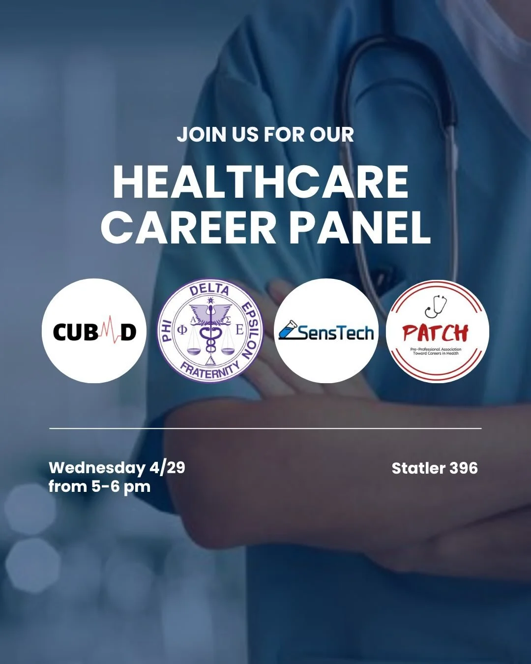 Join us for our healthcare career panel on Wednesday, 4/29! We will have speakers from CUBMD, PhiDE, SensTech, and PATCH!