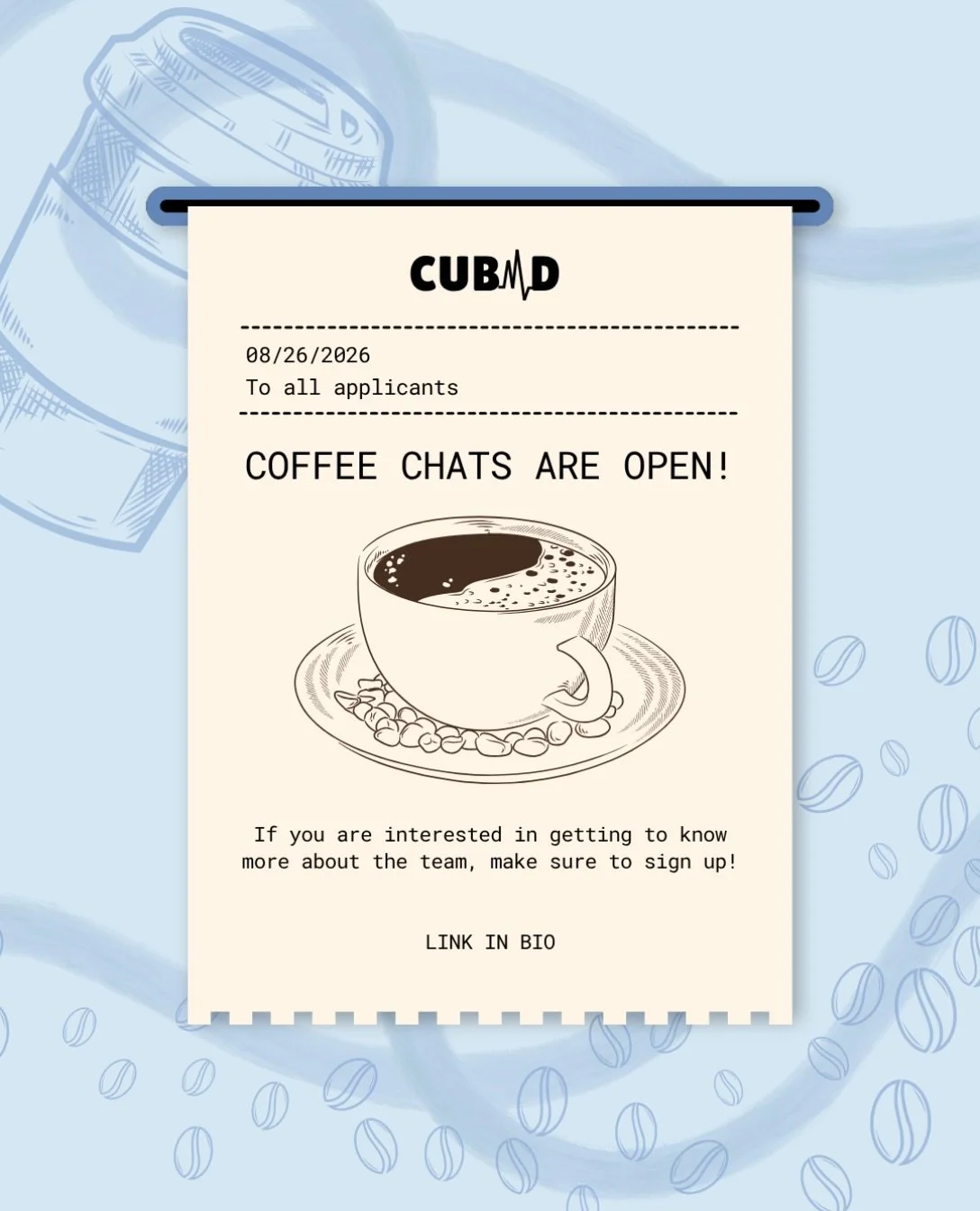 ❗️You placed a new order❗️

Interested in joining CUBMD? Sign up for a coffee chat with our members ☕️
This is a great chance to get to know more about what the members have worked on and their experiences being part of CUBMD!

Check out our bio or w