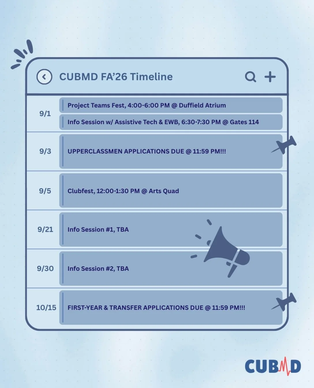 ❗️New events have been added to your calendar❗️

If you are looking for more information about us, here are some events you can attend to talk to our members! While not required, we strongly encourage you to attend in order to gain more insight about