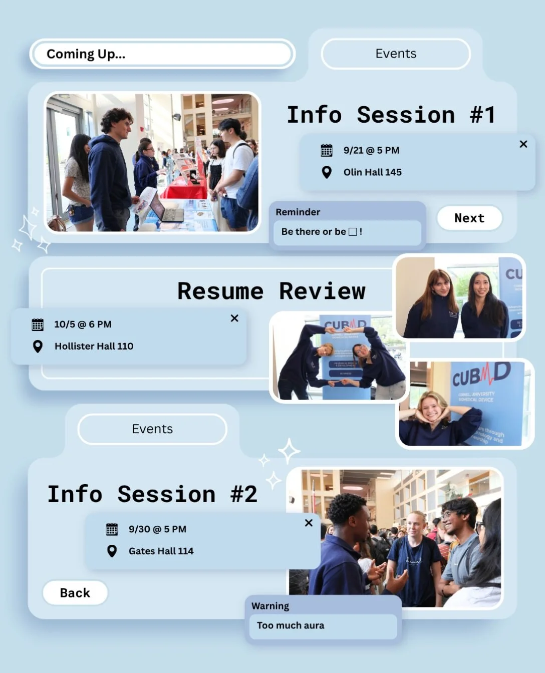 ❗️New events have been added to your calendar❗️

Here are the confirmed times and locations for our info sessions and resume review! Stop by to gain more insight about our current projects and how to improve your application 📄

We are so excited to 