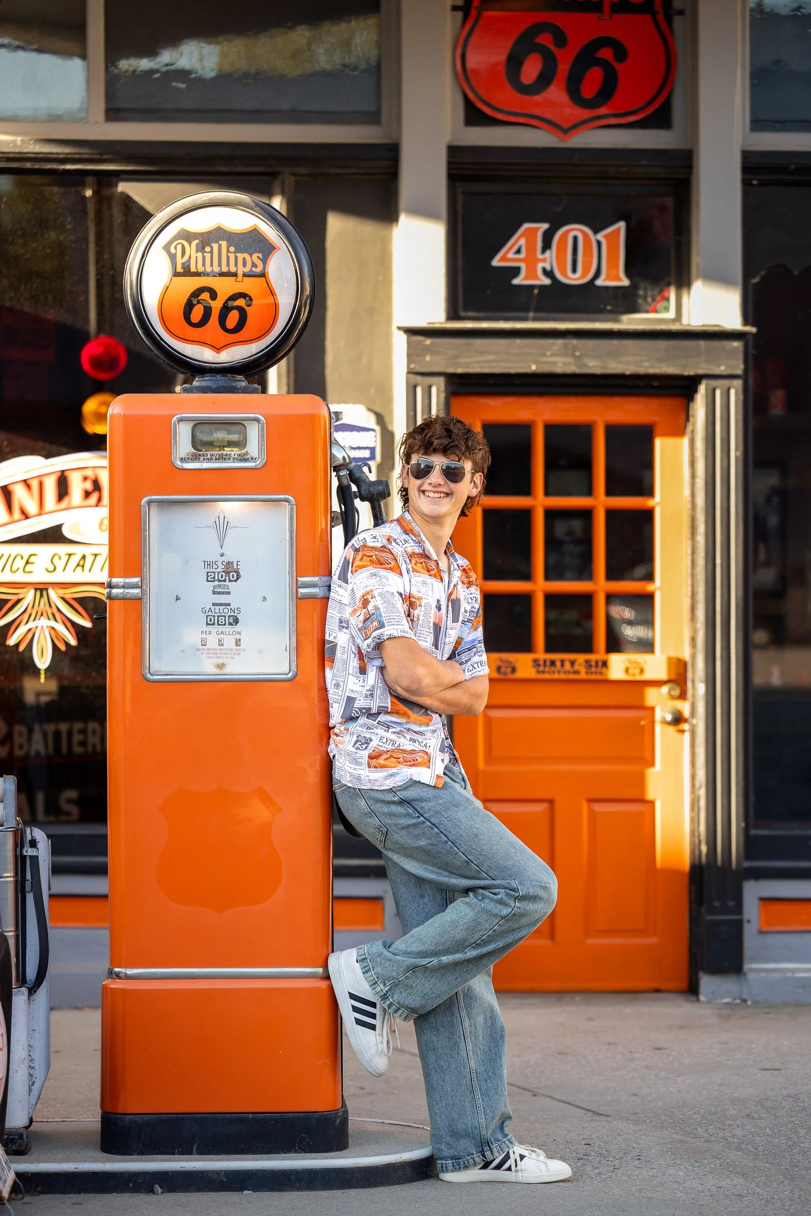 senior boy photos, retro gas station senior session, Route 66 senior pictures, varsity jacket senior photos, vintage senior photography