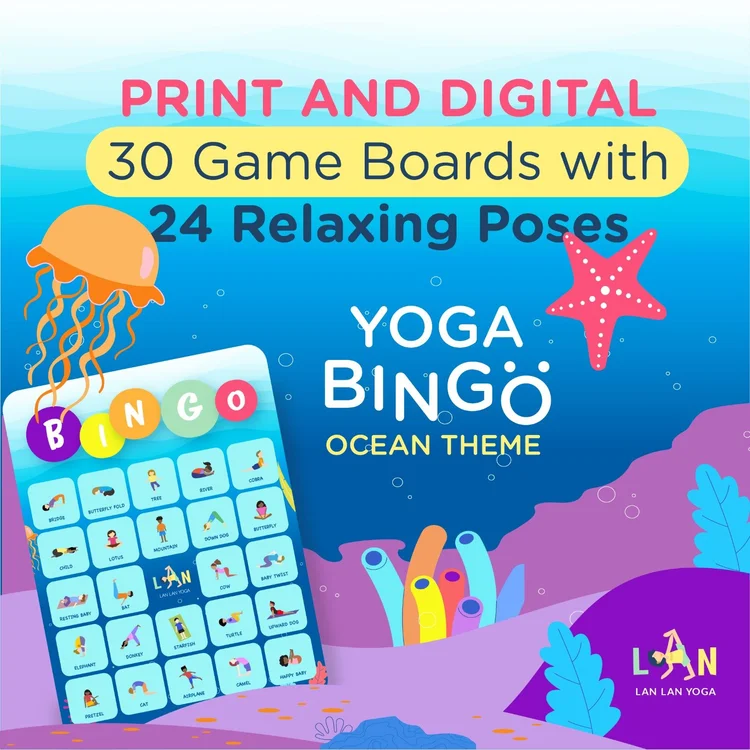 printable family game yoga bingo ocean theme 30 bingo boards lan lan yoga