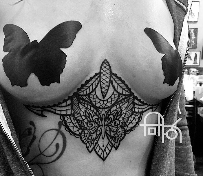 Black Butterfly &amp; Lace Underbust Tattoo