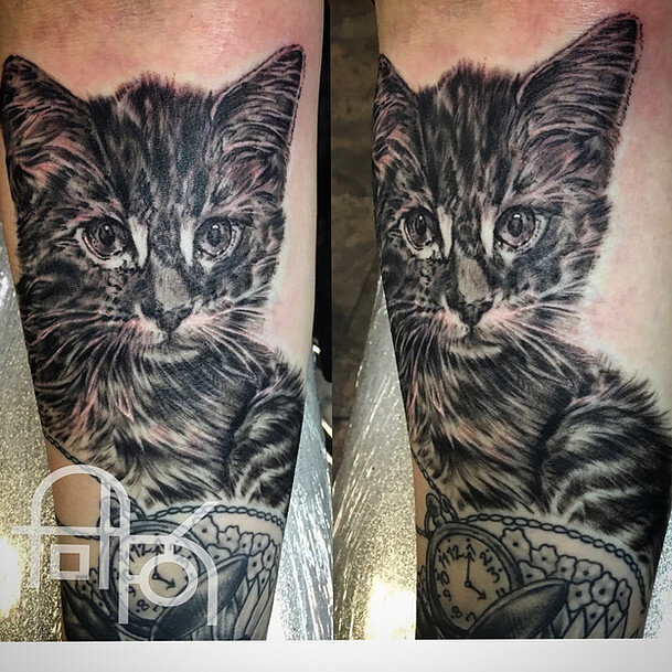 Black and Gray Kitten Portrait Tattoo