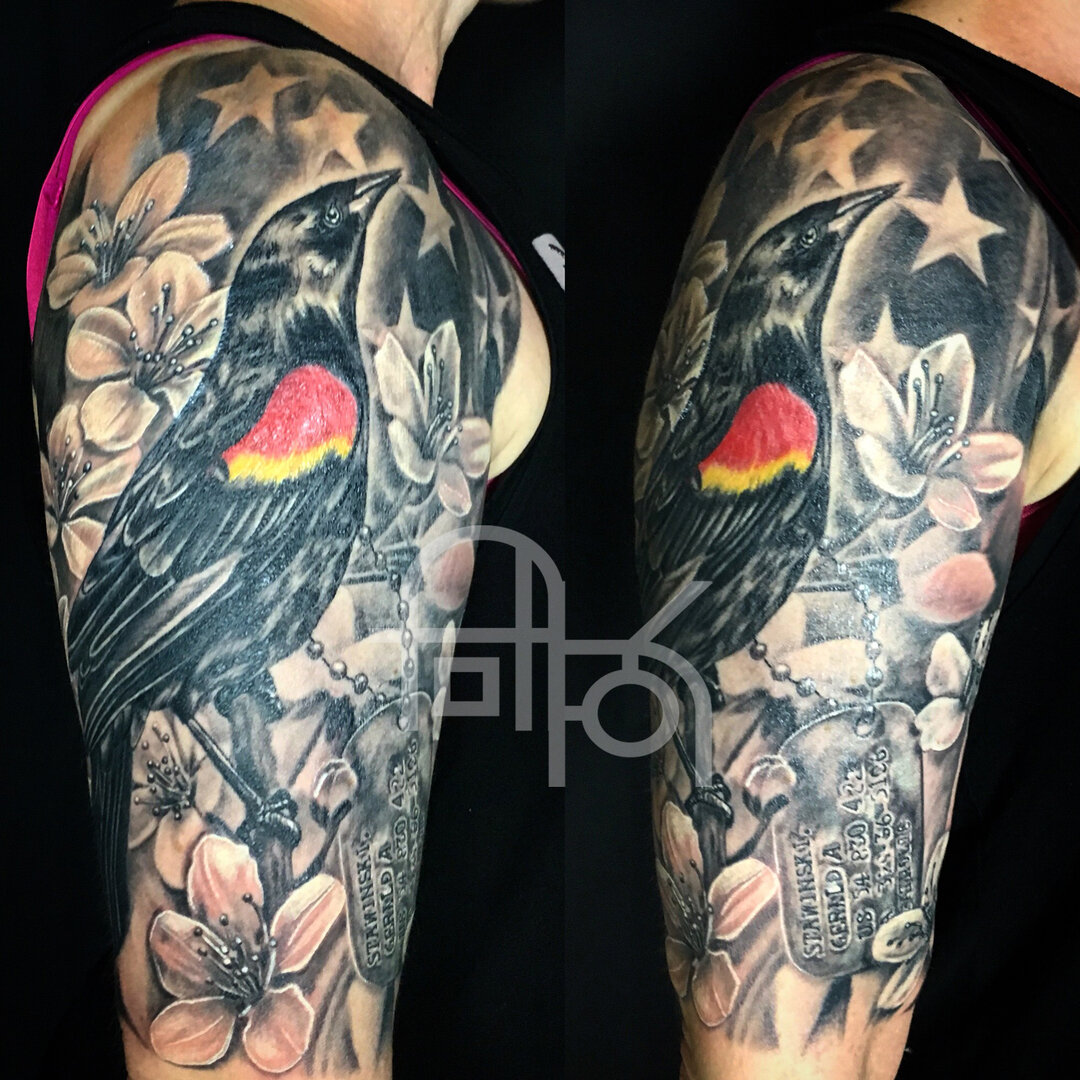 Bird With Flowers, the American Flag & Dog Tags Tattoo