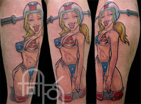 Blonde Wearing an American Flag Bikini &amp; Helmet Tattoo