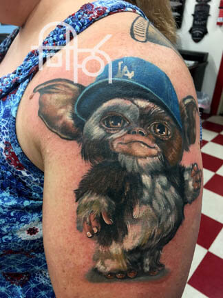 Gizmo the Mogwai in a Dodgers Cap Tattoo