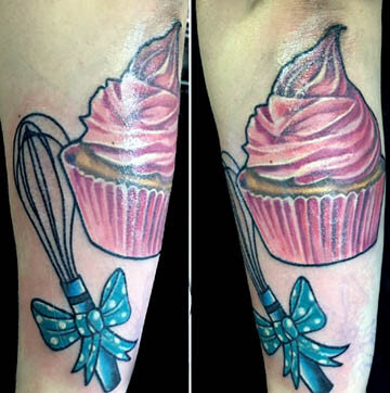 Pink Frosted Cupcake, Whisk & Bow Tattoo