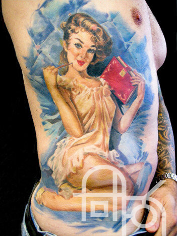 Pinup Girl in a Nighty Holding a Diary Tattoo