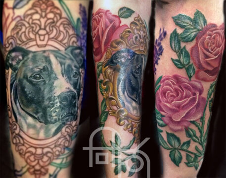 Pit Bull Portrait with Roses Forearm Sleeve Tattoo