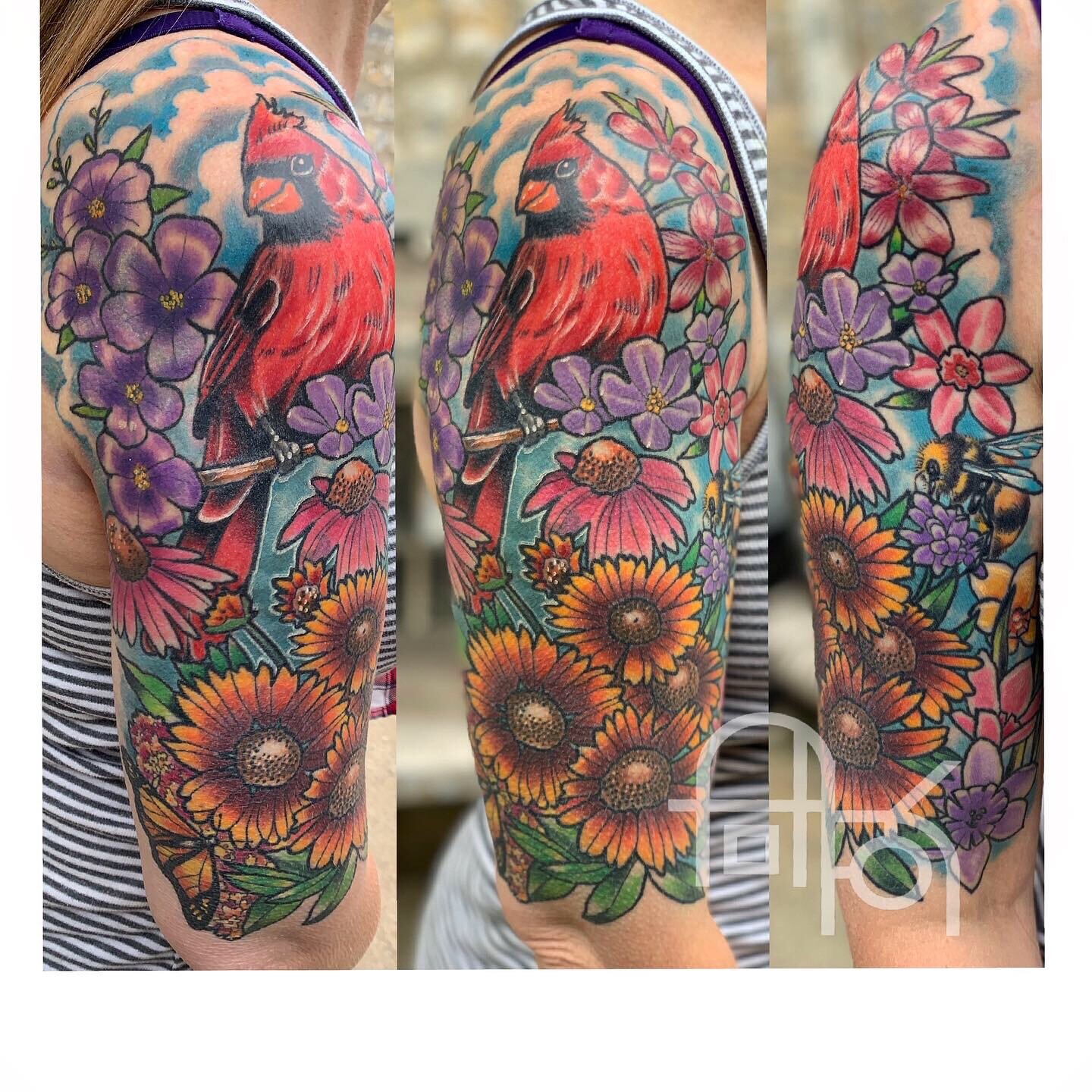 Cardinal, Bee, and Sunflower Tattoo