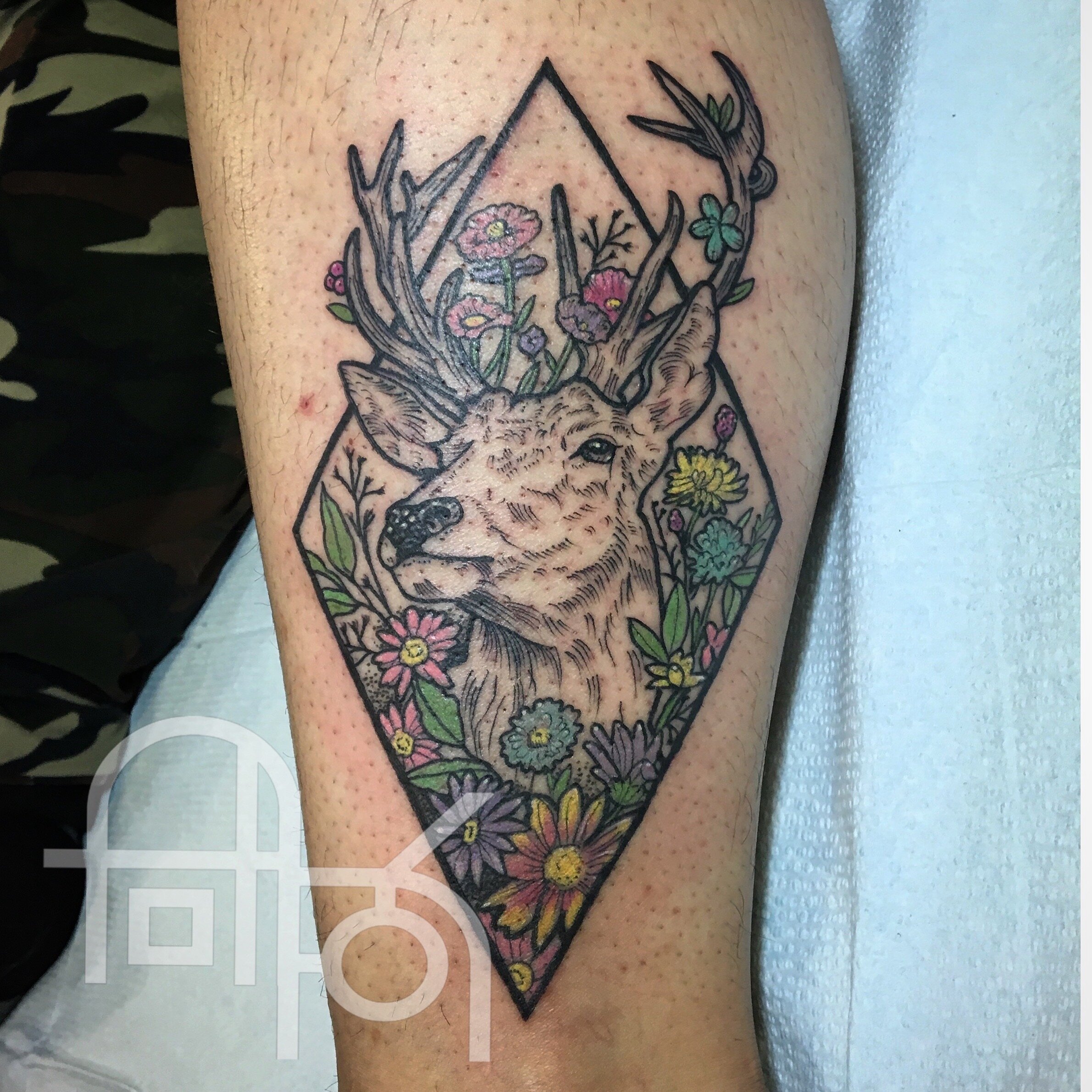 Illustrated Buck with Flowers Tattoo