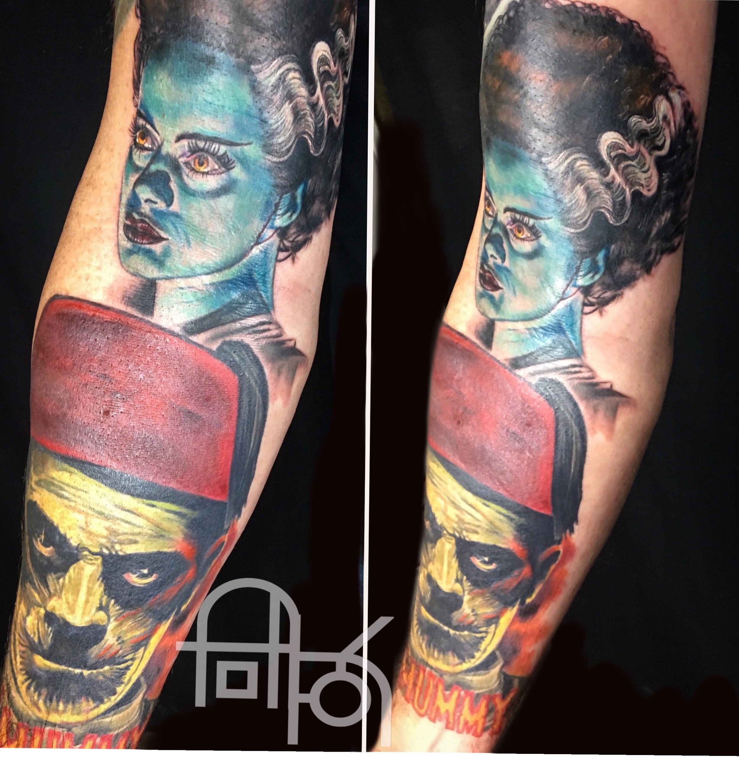 Mummy and Bride of Frankenstein Portrait Tattoo
